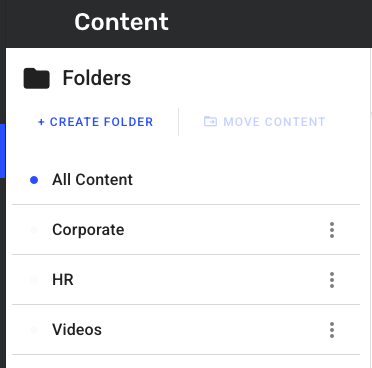 Content management interface displaying folders for Corporate, HR, and Videos sections.